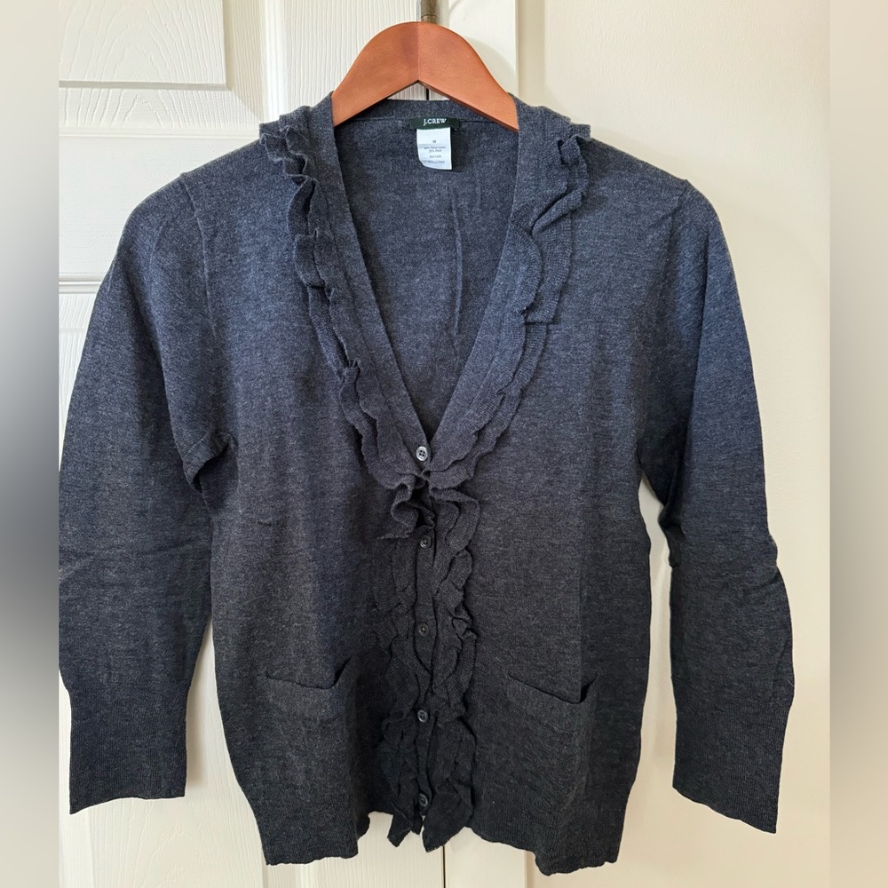 J.Crew Ruffle Placket Charcoal Cardigan, Size Medium